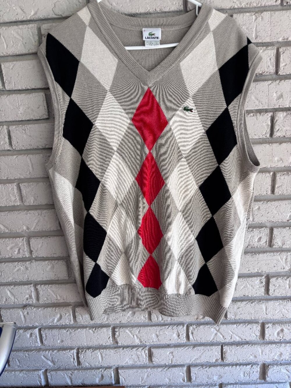 Lacoste Argyle Diamonds Sweater Vest Mens Size XS Gray Red White 100% Cotton